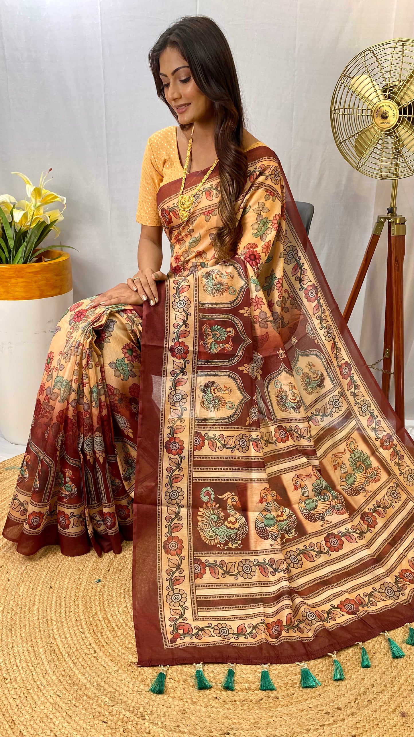 Opulent Peach Color Malai Cotton Saree with Kalamkari Patterns