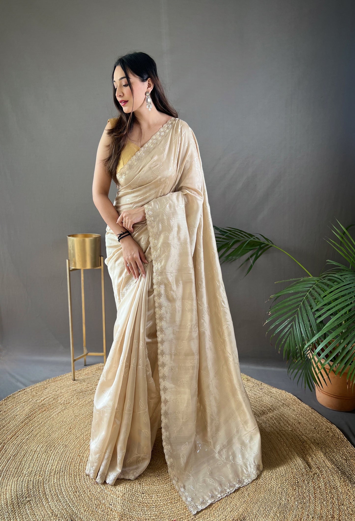 Presenting Ready To Wear Cream Color Silk Saree