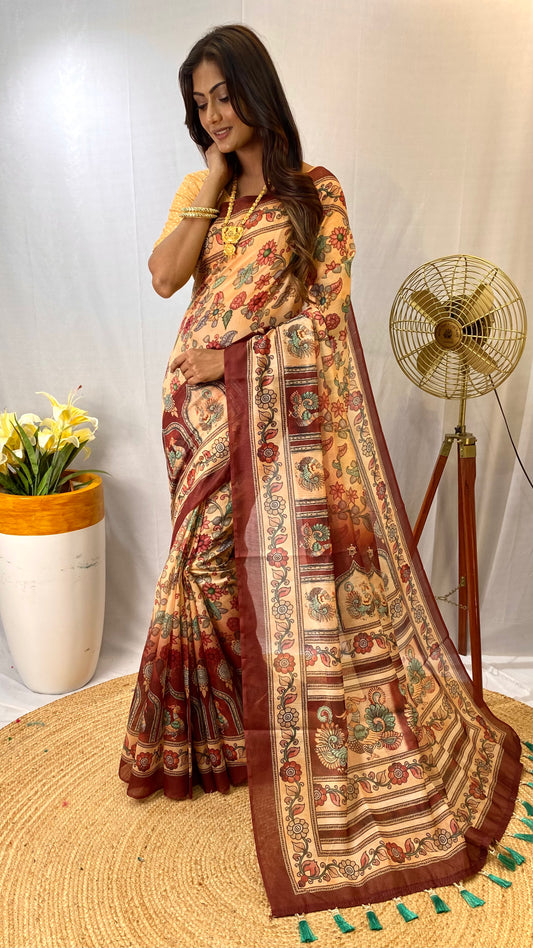 Opulent Peach Color Malai Cotton Saree with Kalamkari Patterns