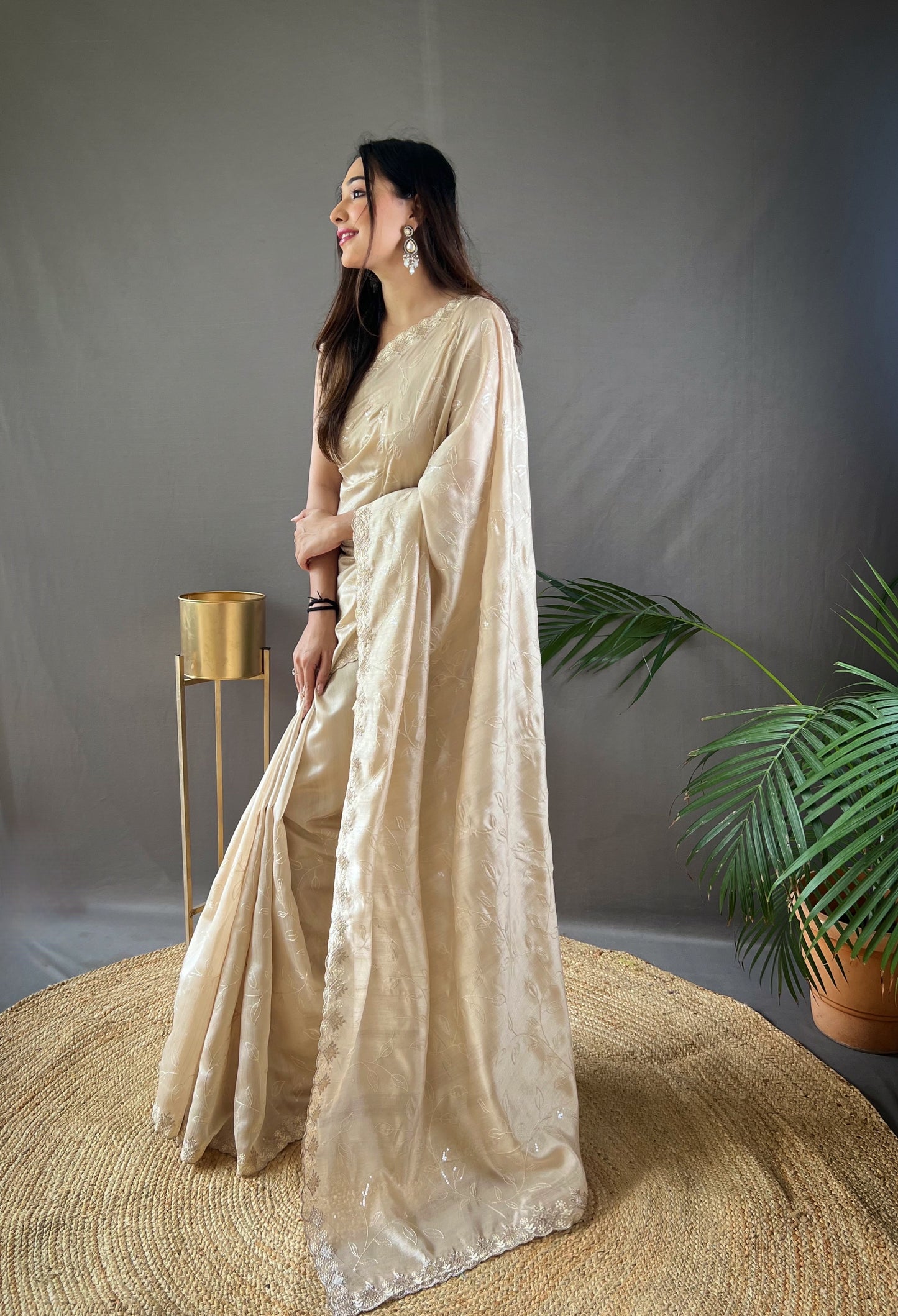 Presenting Ready To Wear Cream Color Silk Saree