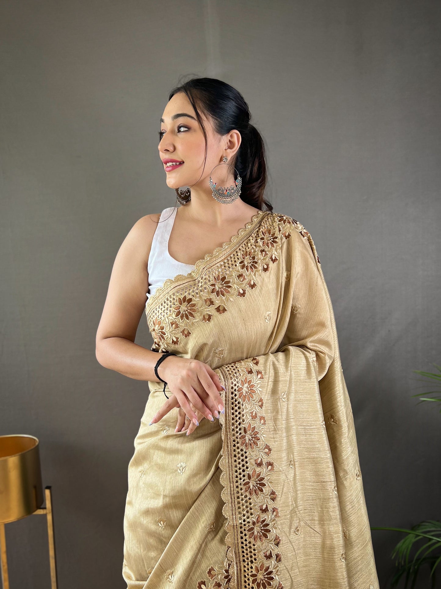 Spanish Cream Embroidered Matka Silk Saree