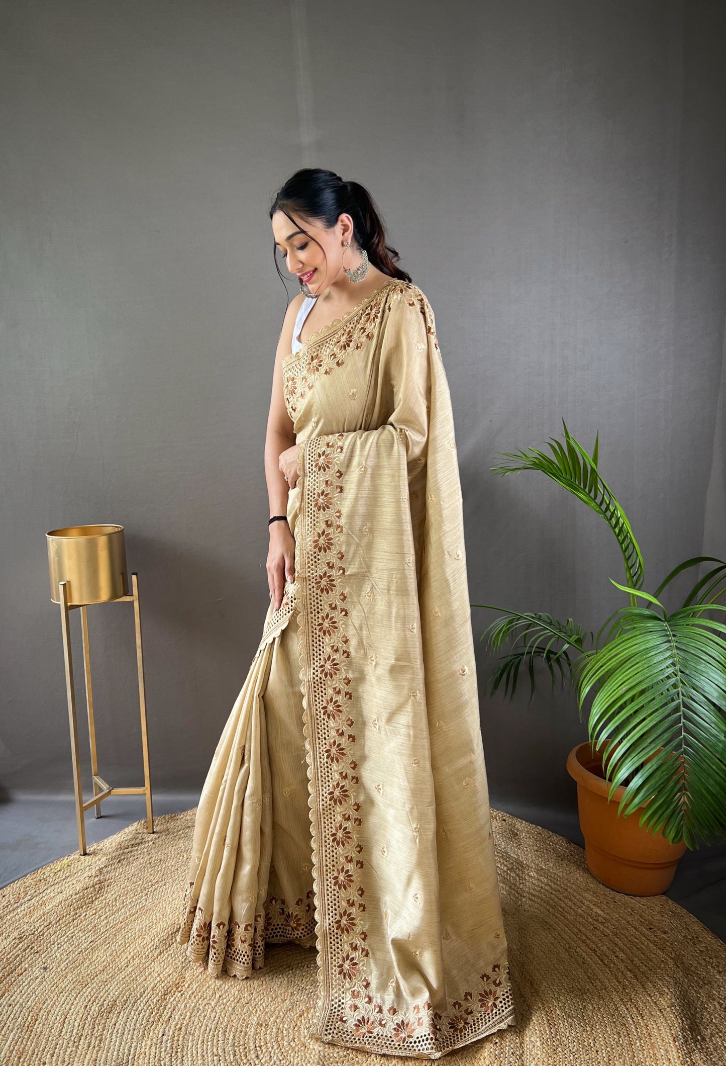 Spanish Cream Embroidered Matka Silk Saree