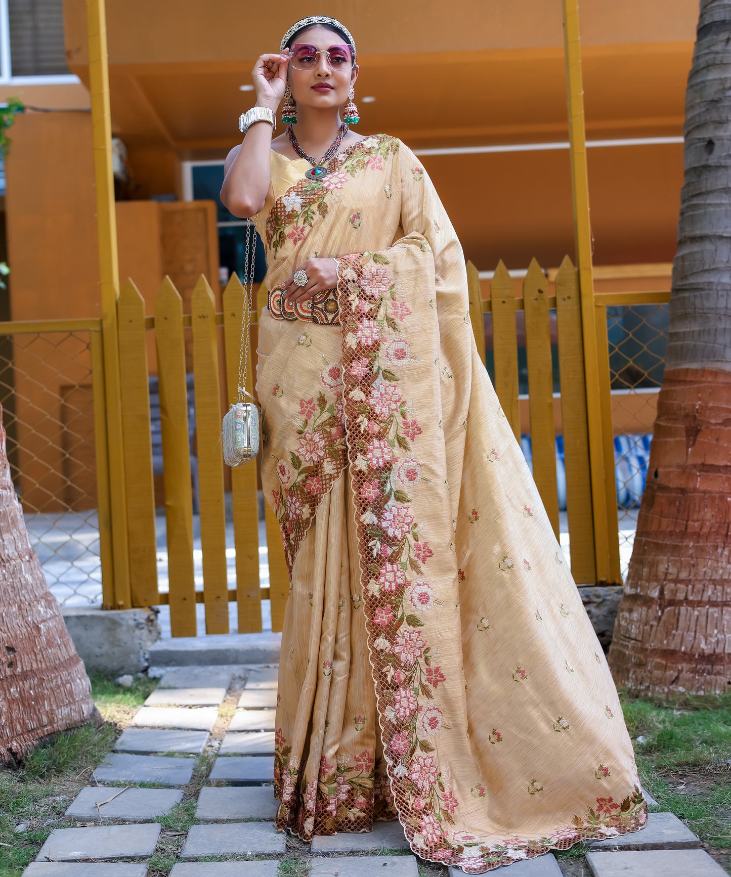 Cream Floral Embroidered Pure Silk Saree