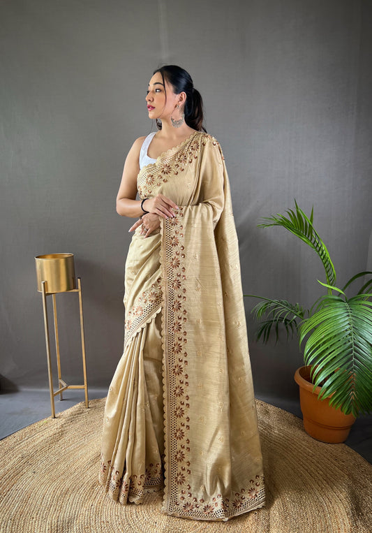 Spanish Cream Embroidered Matka Silk Saree