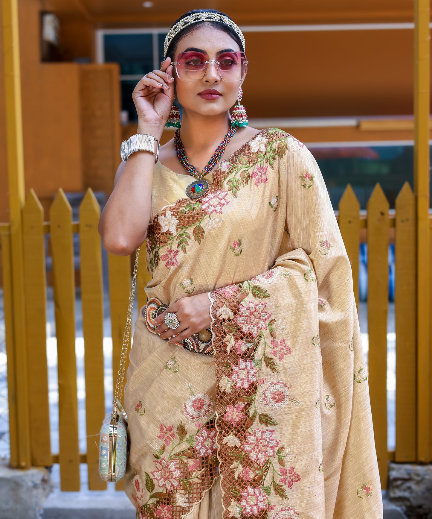 Cream Floral Embroidered Pure Silk Saree