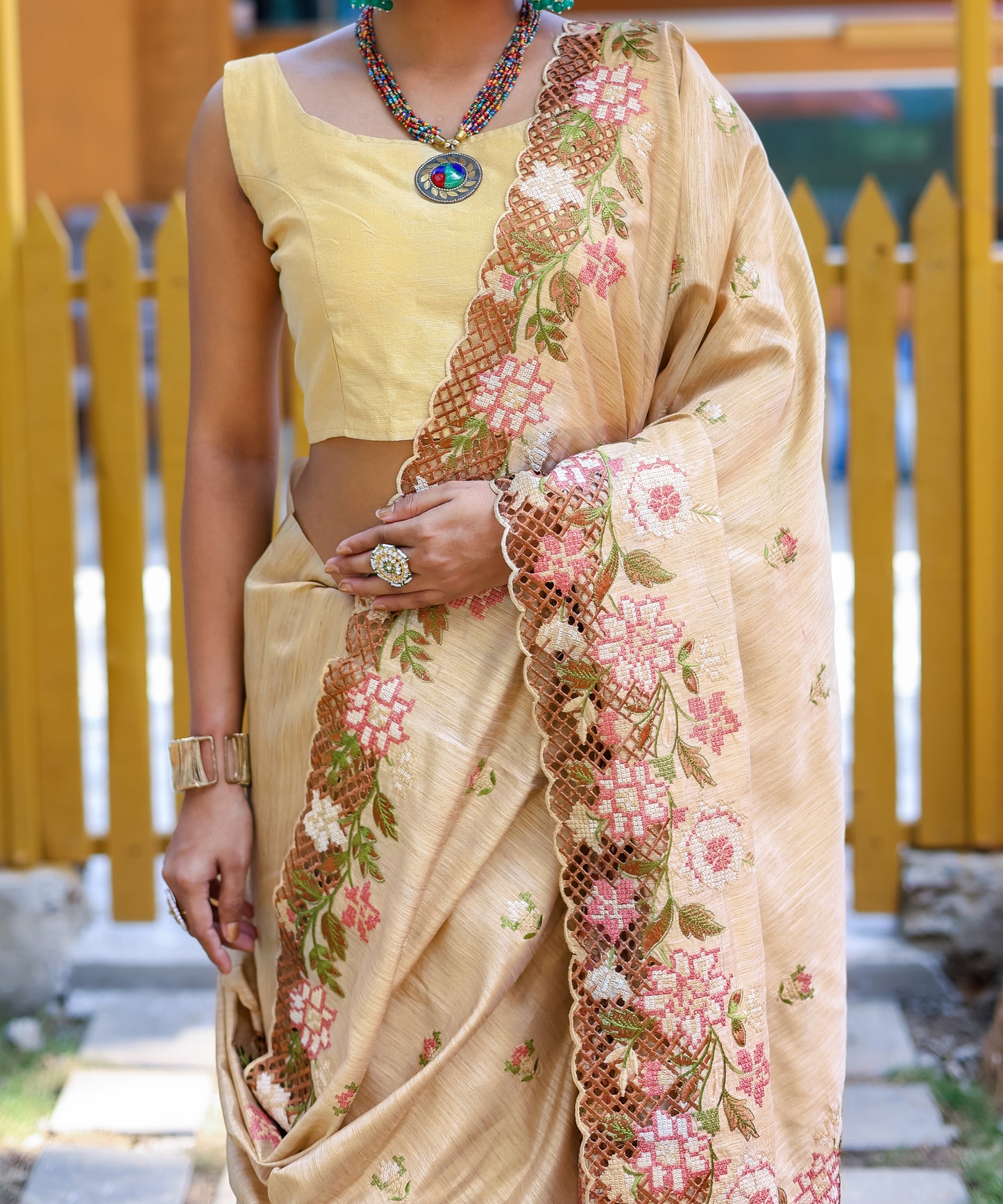 Cream Floral Embroidered Pure Silk Saree