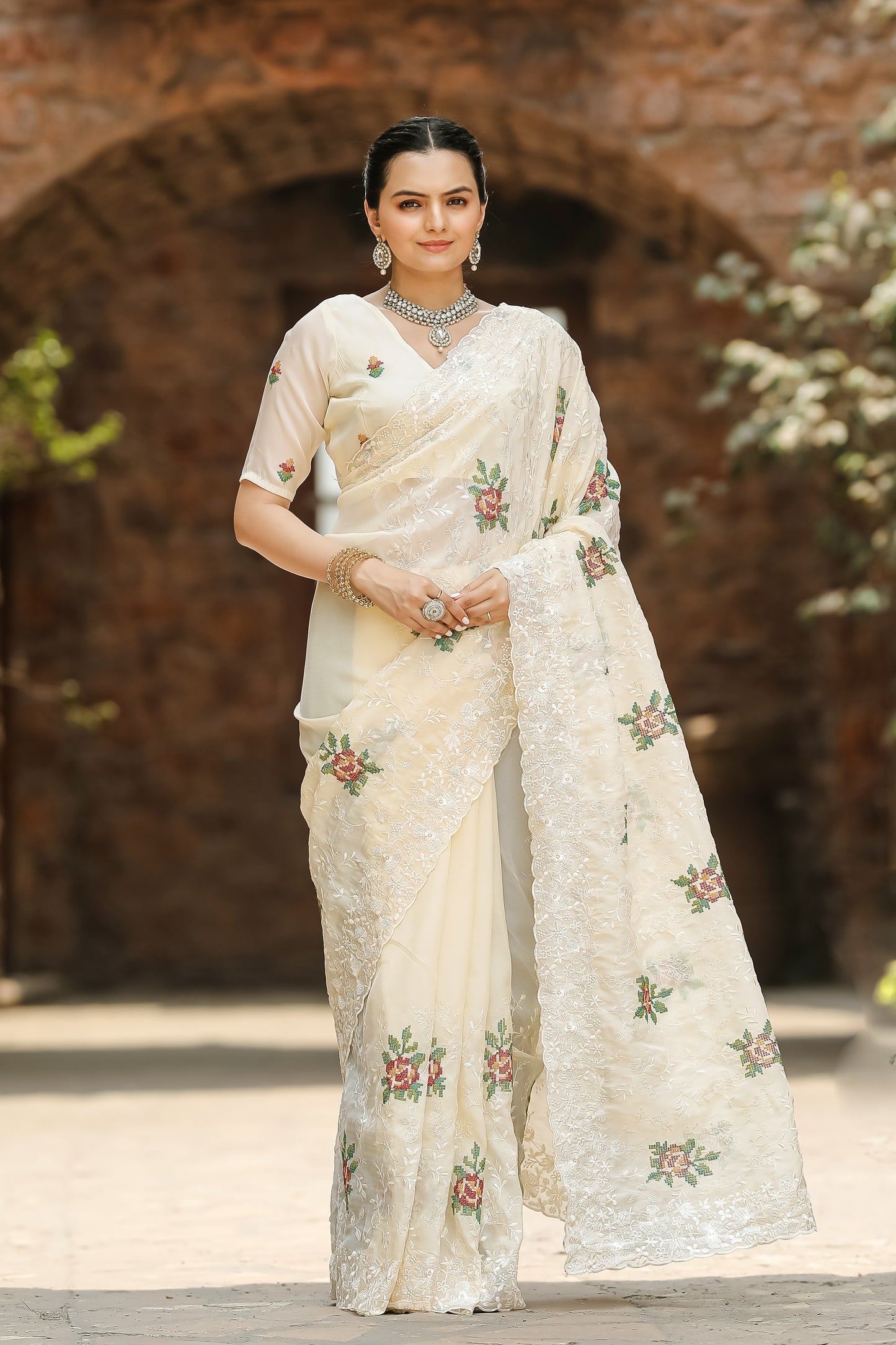 Radiant Cream Color Chiffon Saree with Zari & Embroidery Work