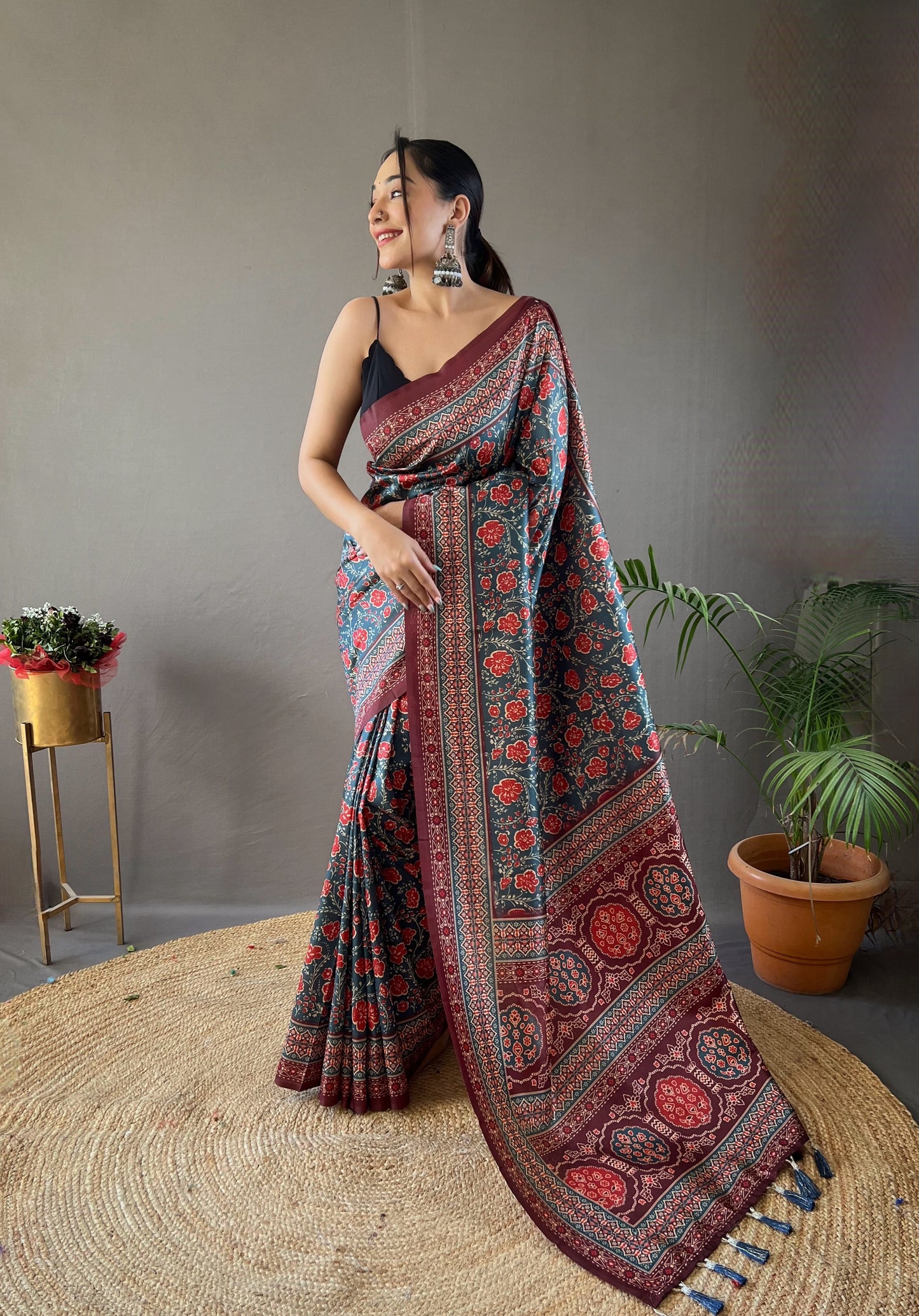 Floral Print Denim Color Saree with Tassels