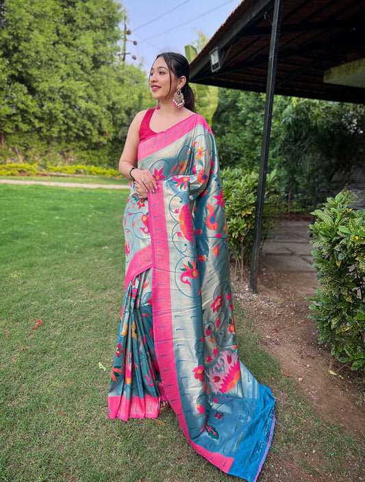 Blue Floral Paithani Silk Saree Set