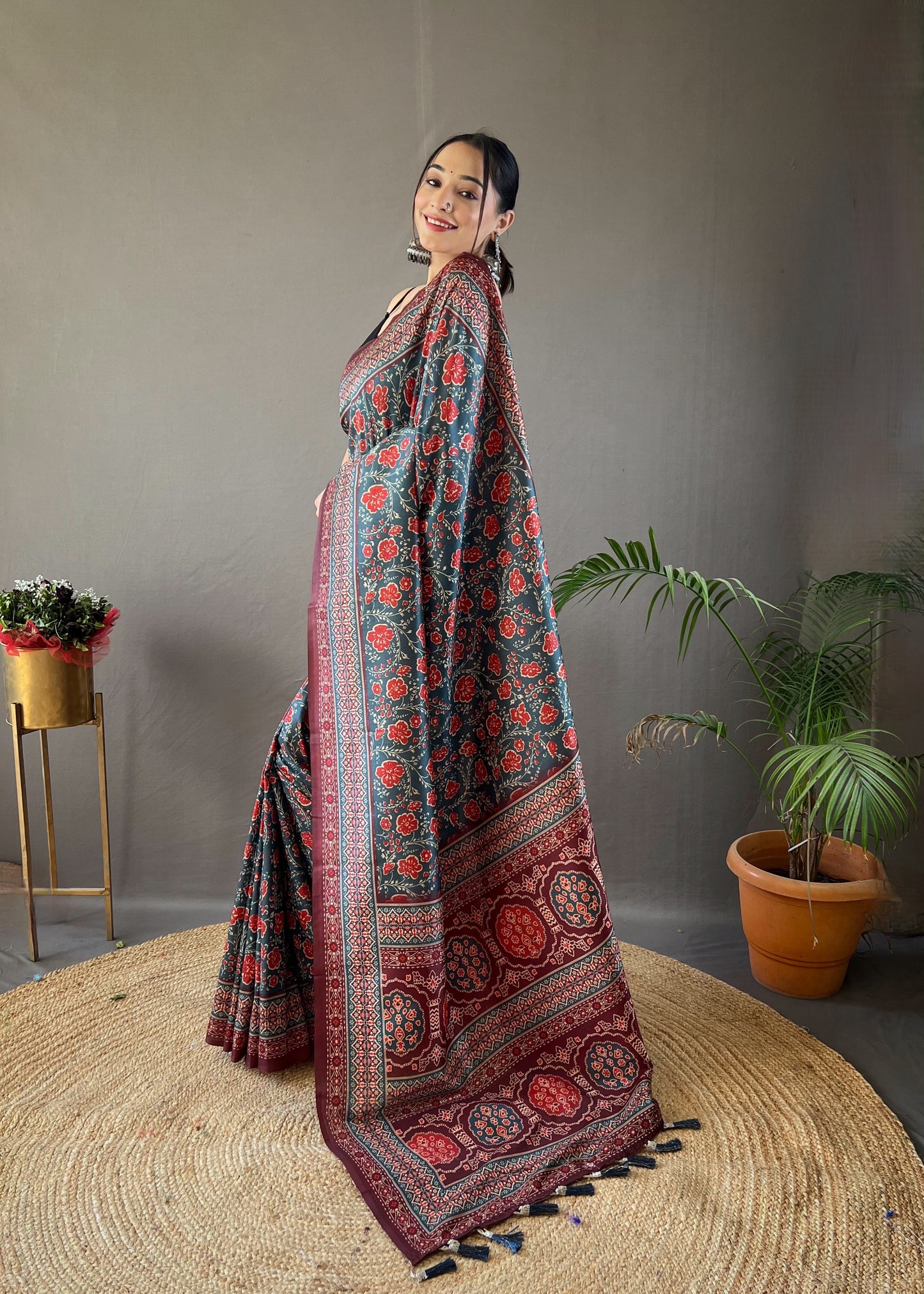 Floral Print Denim Color Saree with Tassels