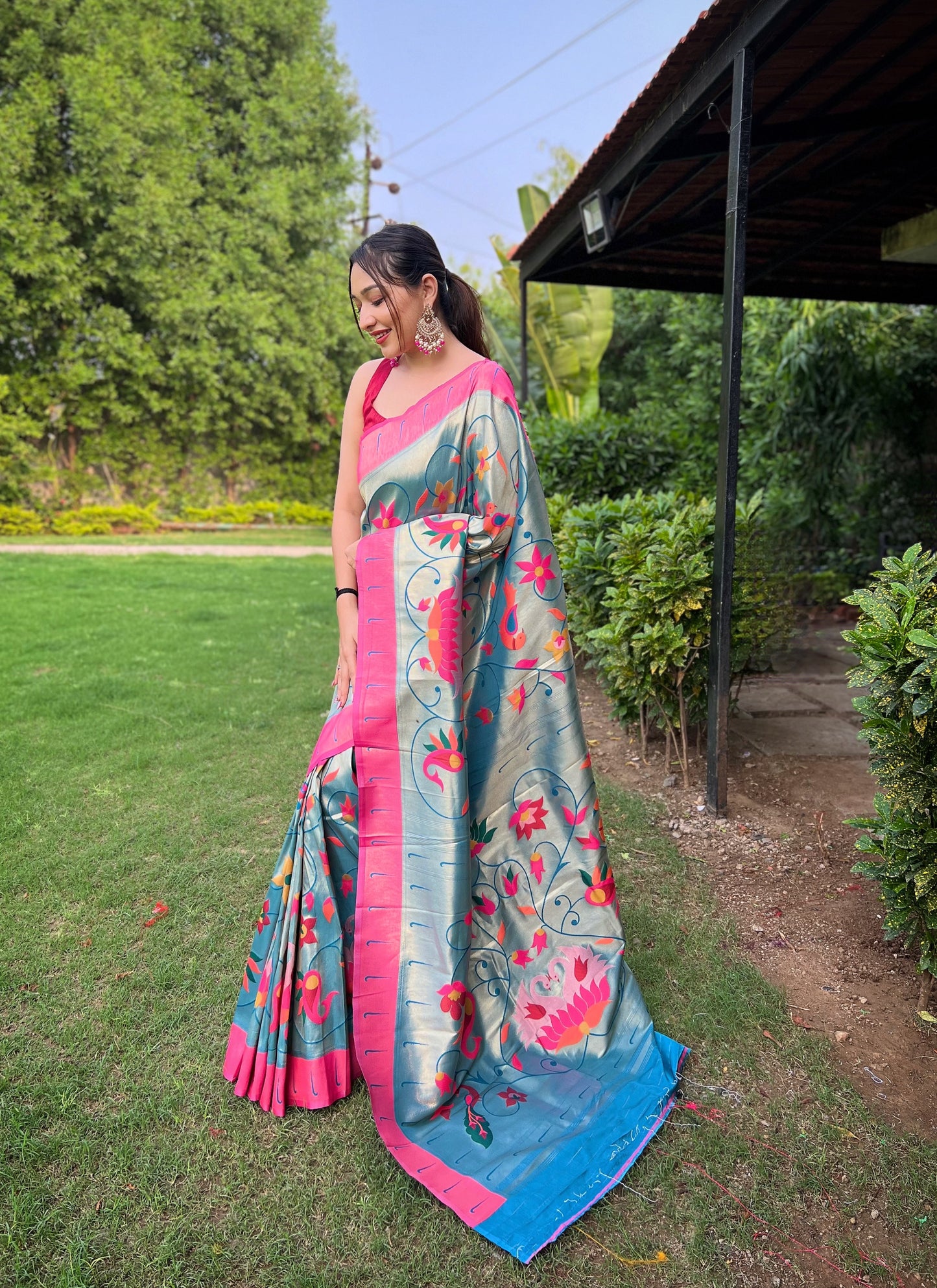 Blue Floral Paithani Silk Saree Set