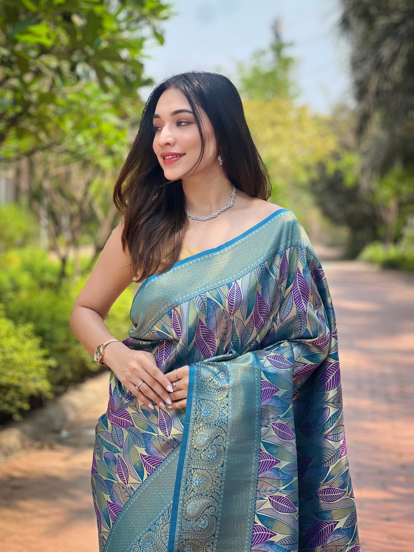 Denim Blue Silk Weaving Traditional Saree