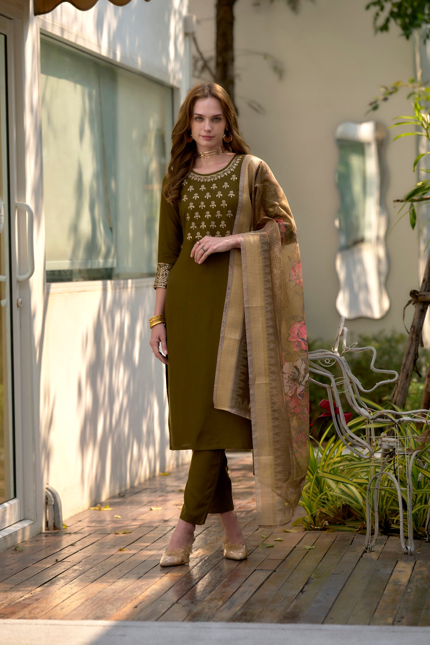 Mehndi Embroidered Rayon Kurta Set with Printed Organza Dupatta