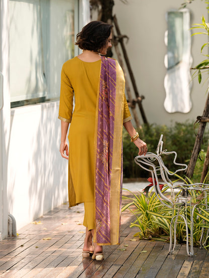 Yellow-Mustard Viscose-Rayon Embroidered Kurta Set with Printed Organza Dupatta