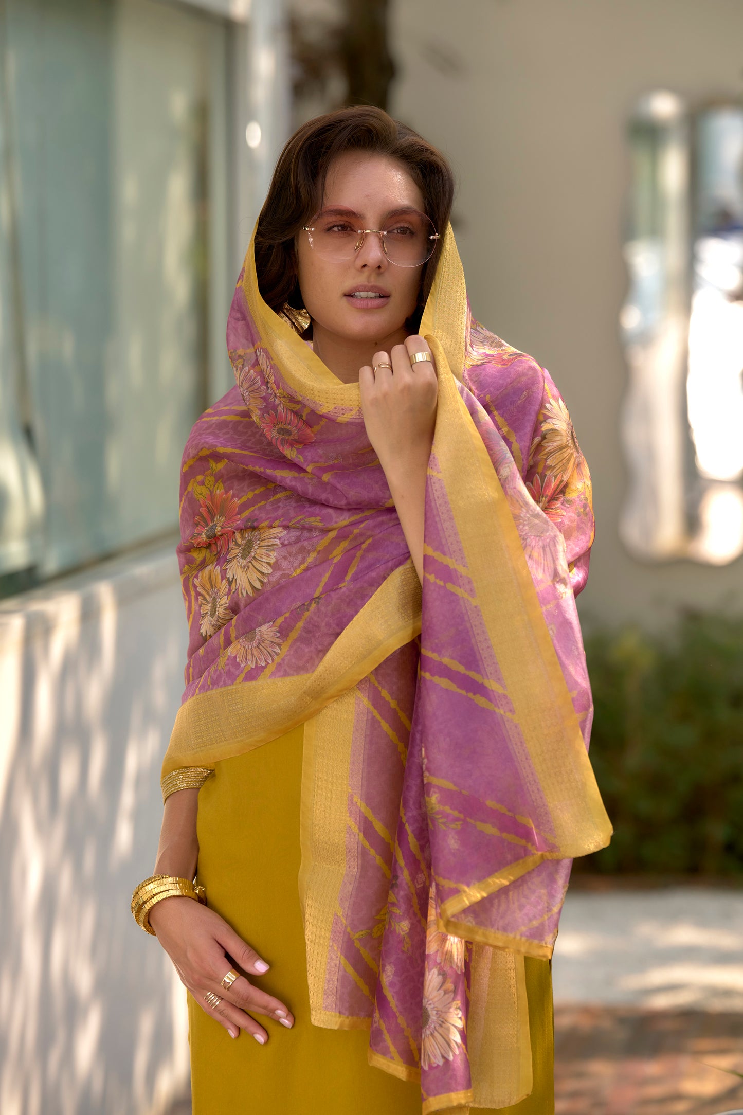 Yellow-Mustard Viscose-Rayon Embroidered Kurta Set with Printed Organza Dupatta