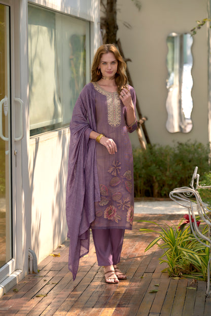 Purple Tissue Floral Embroidered Kurta Set with Viscose Dupatta & Pant