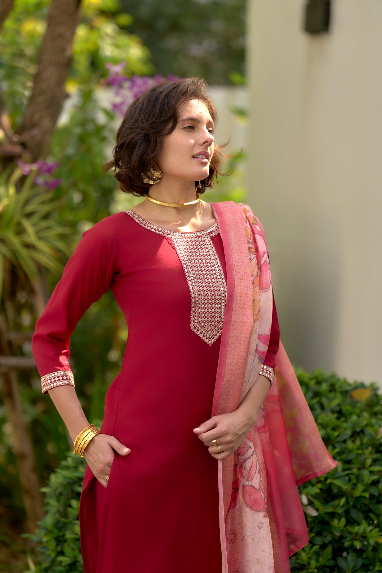 Red Embroidered Roman Fabric Kurta Set with Printed Organza Dupatta