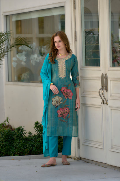 Rama Tissue Floral Embroidered Kurta Set with Viscose Dupatta & Pant