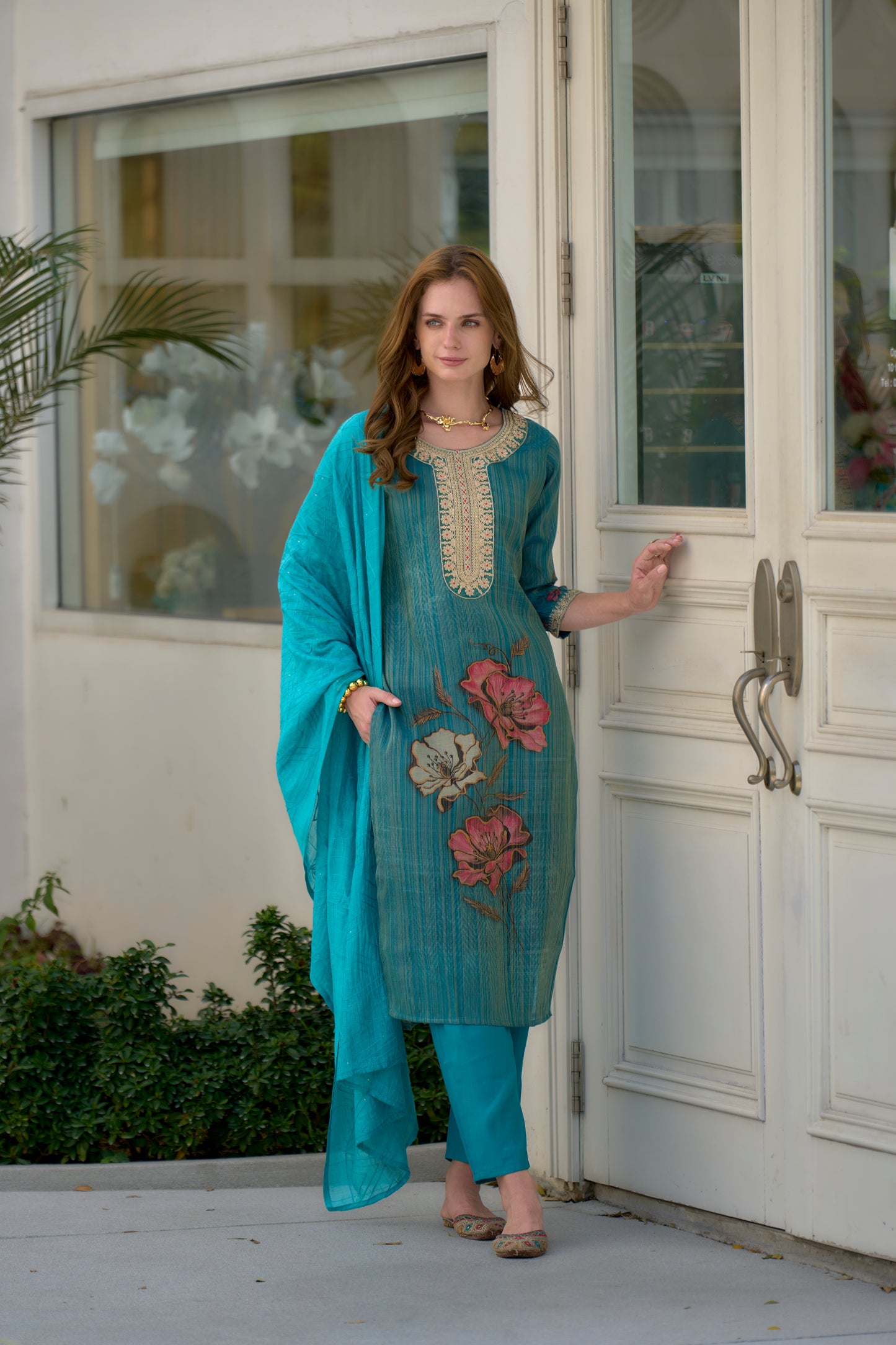 Rama Tissue Floral Embroidered Kurta Set with Viscose Dupatta & Pant