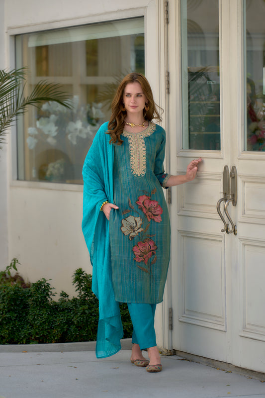 Rama Tissue Floral Embroidered Kurta Set with Viscose Dupatta & Pant