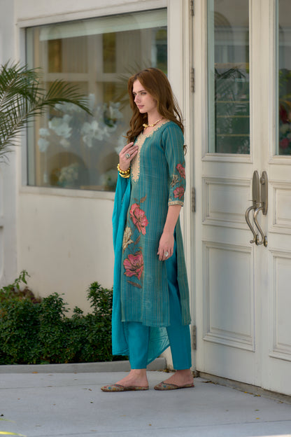 Rama Tissue Floral Embroidered Kurta Set with Viscose Dupatta & Pant