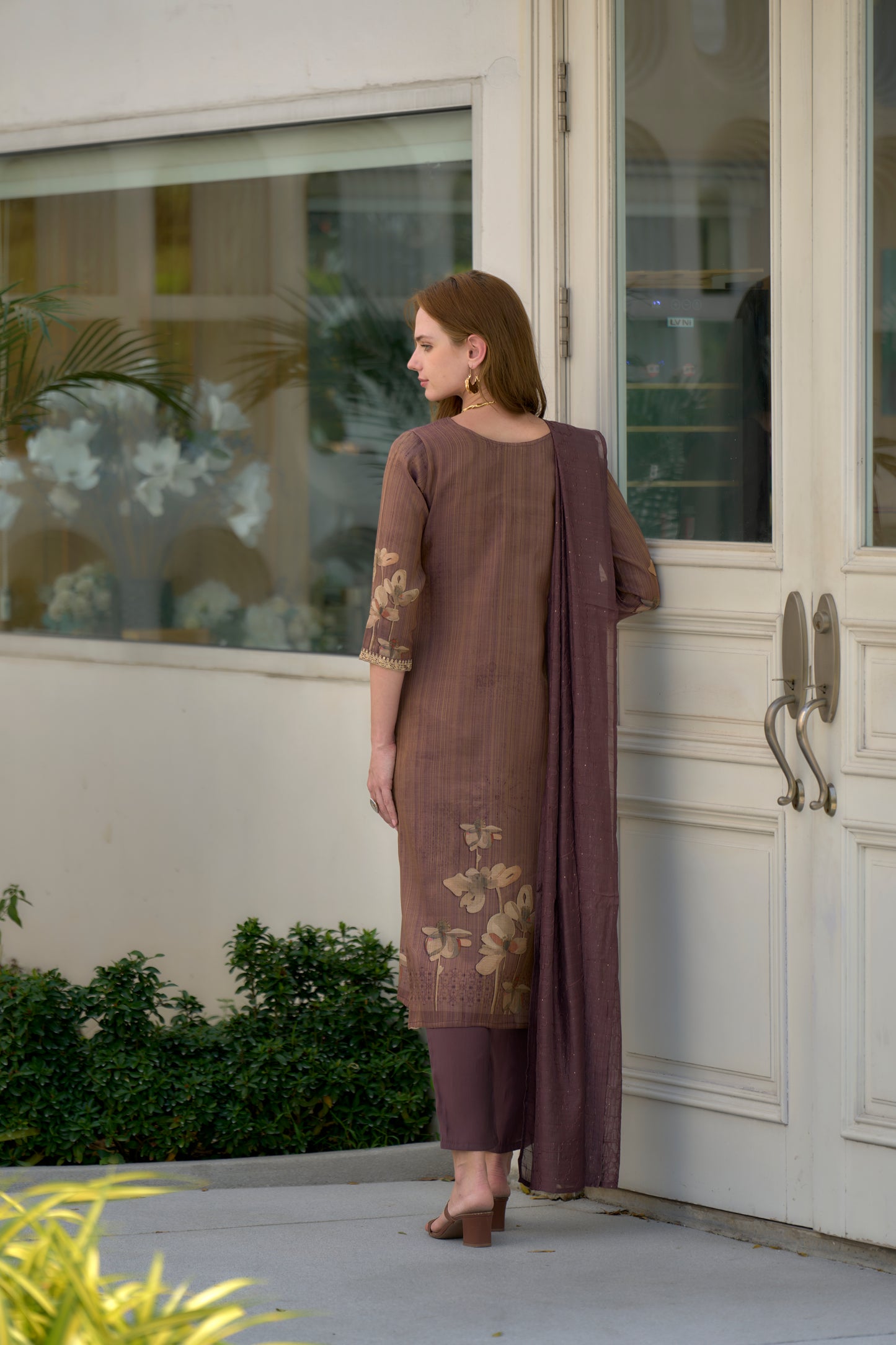 Brown Tissue Kurta Set with Embroidery and Viscose Dupatta & Pant