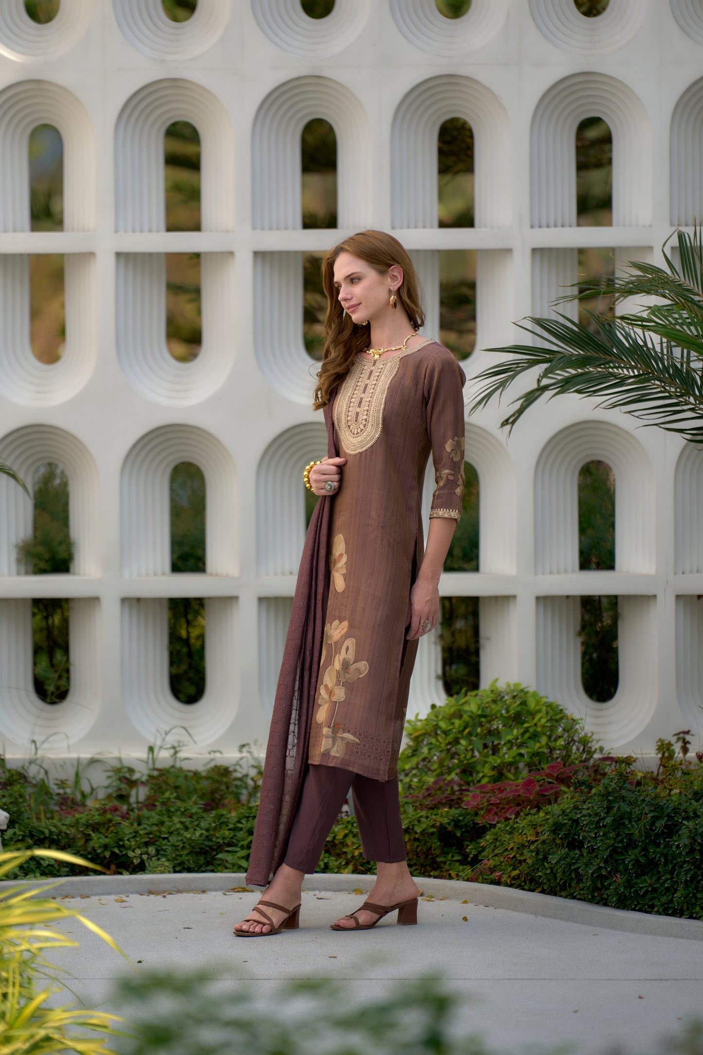 Brown Tissue Kurta Set with Embroidery and Viscose Dupatta & Pant