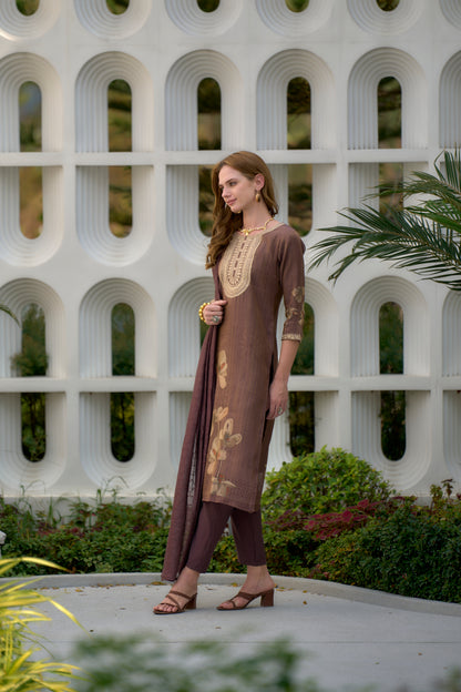 Brown Tissue Kurta Set with Embroidery and Viscose Dupatta & Pant