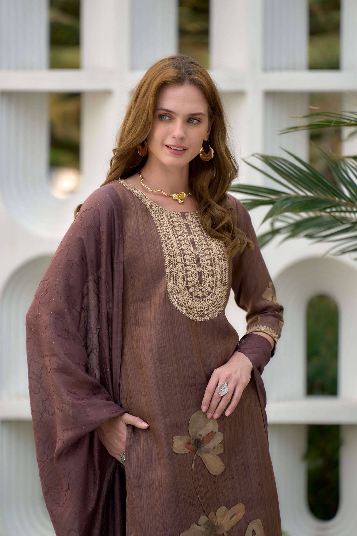 Brown Tissue Kurta Set with Embroidery and Viscose Dupatta & Pant
