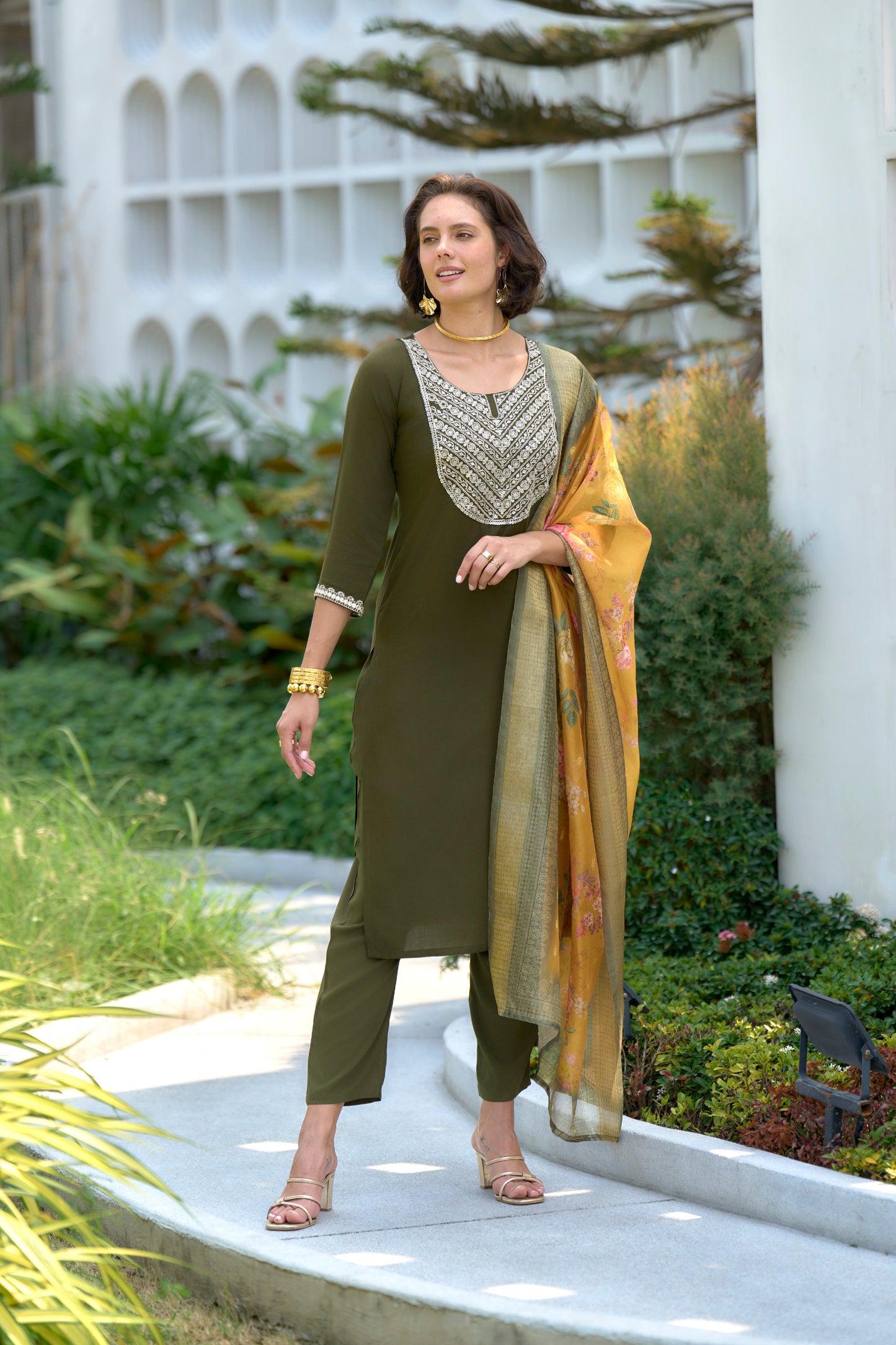 Mehndi-Green Embroidered Viscose-Rayon Kurta Set with Printed Organza Dupatta