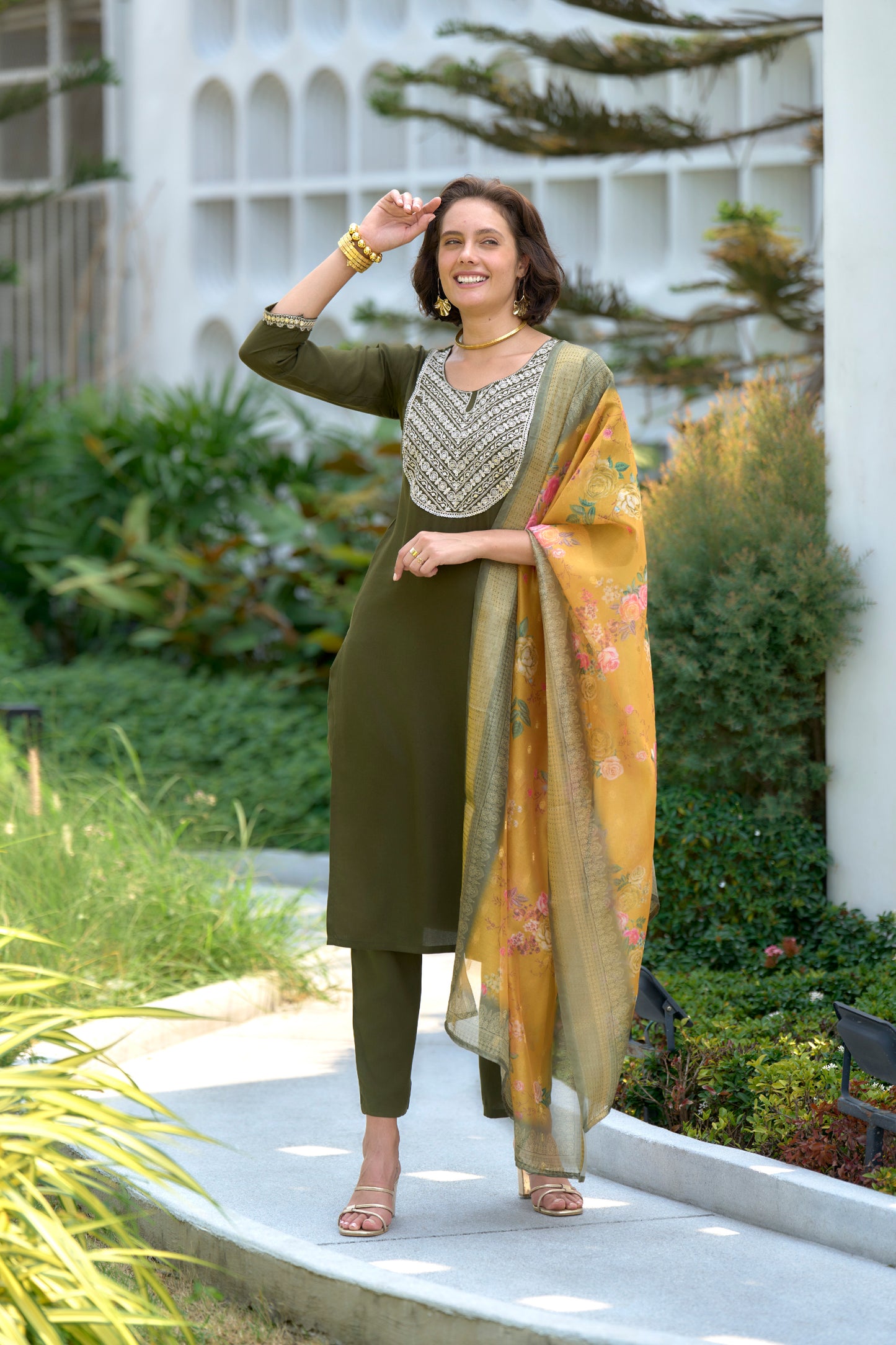 Mehndi-Green Embroidered Viscose-Rayon Kurta Set with Printed Organza Dupatta