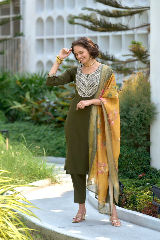 Mehndi-Green Embroidered Viscose-Rayon Kurta Set with Printed Organza Dupatta