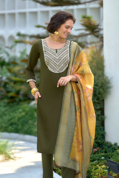 Mehndi-Green Embroidered Viscose-Rayon Kurta Set with Printed Organza Dupatta