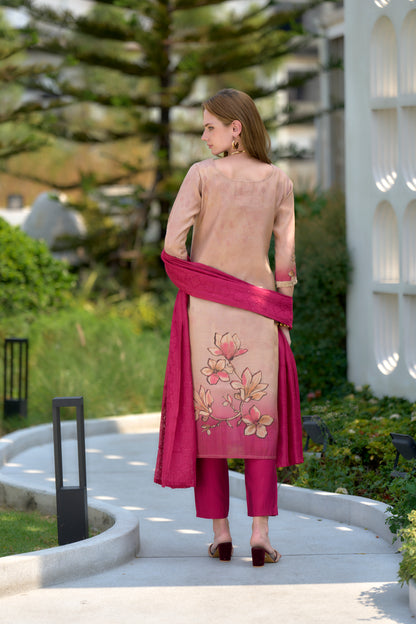 Cream Tissue Floral Embroidered Kurta with Viscose Embroidered Dupatta