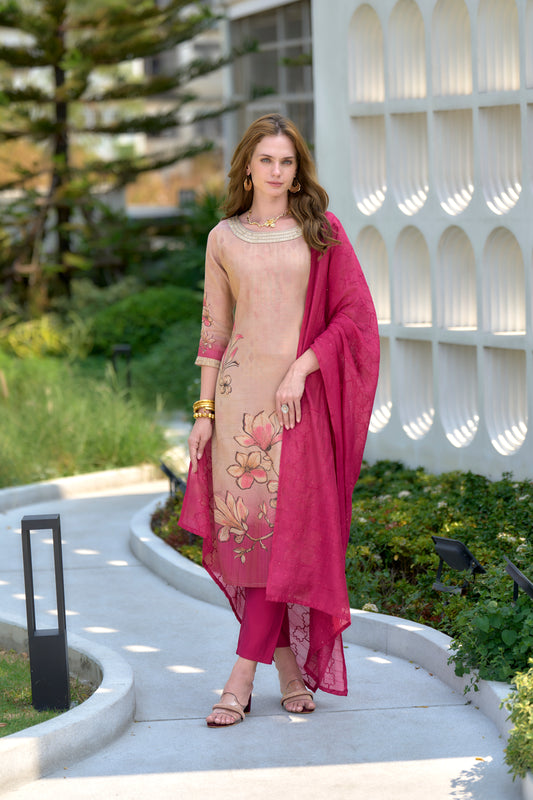 Cream Tissue Floral Embroidered Kurta with Viscose Embroidered Dupatta