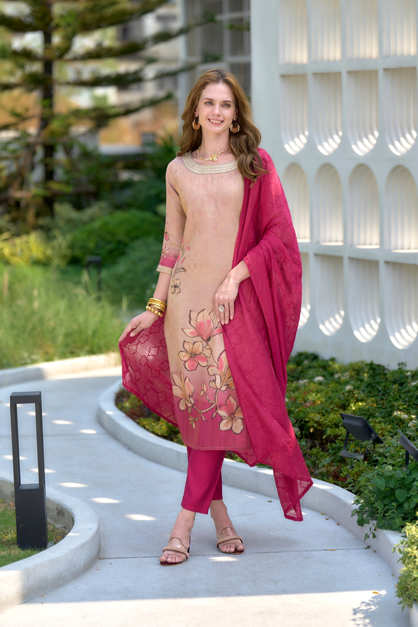 Cream Tissue Floral Embroidered Kurta with Viscose Embroidered Dupatta