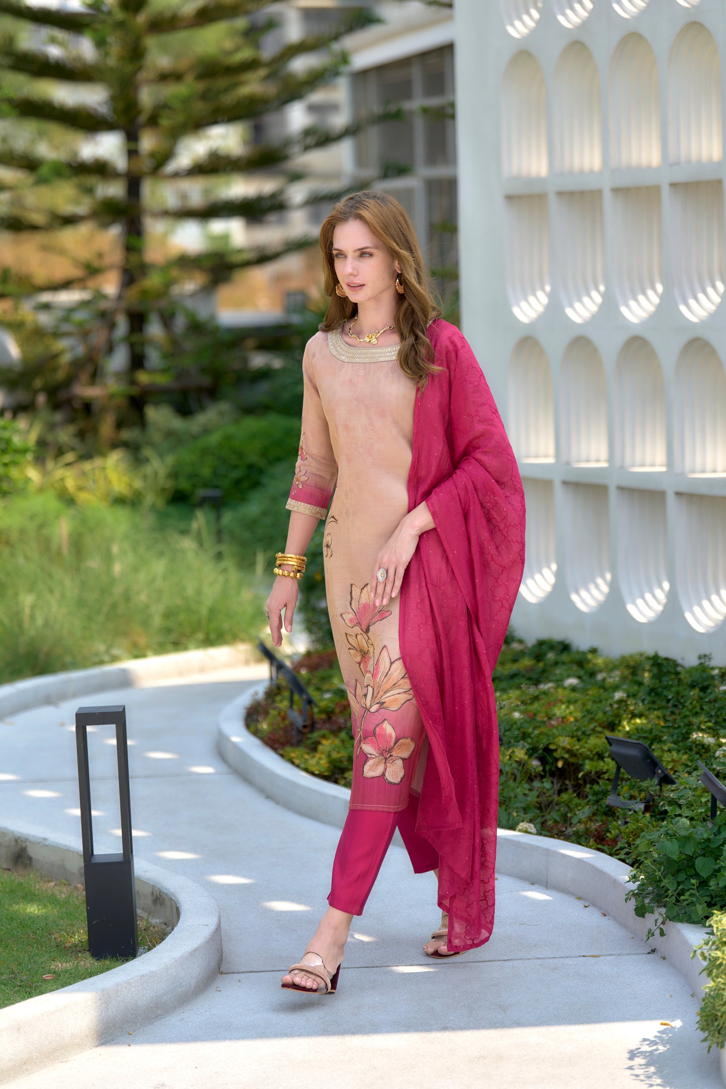 Cream Tissue Floral Embroidered Kurta with Viscose Embroidered Dupatta