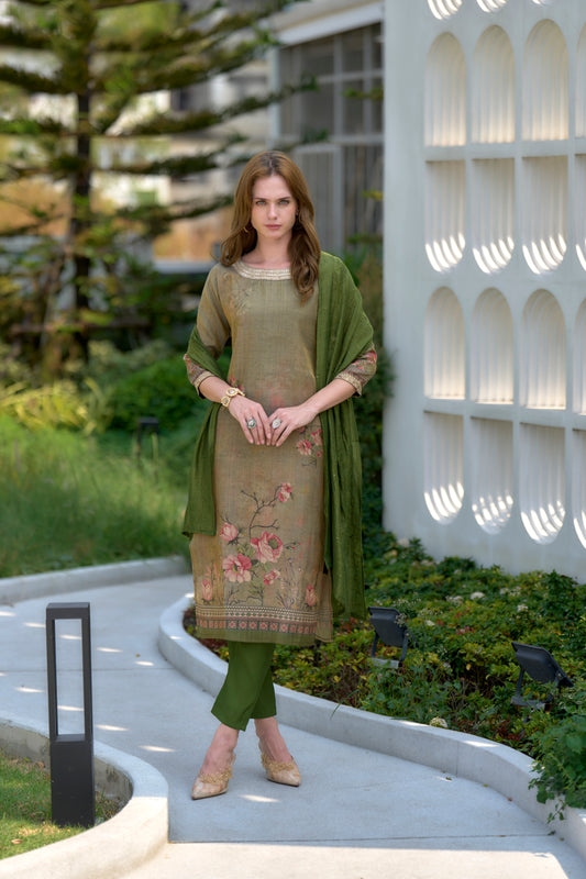 Moss Green Tissue Kurta Set with Embroidered Viscose Dupatta