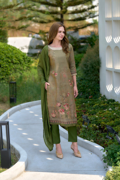 Moss Green Tissue Kurta Set with Embroidered Viscose Dupatta