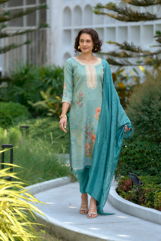 Sea Green Tissue Floral Embroidered Kurta Set with Viscose Dupatta & Pant