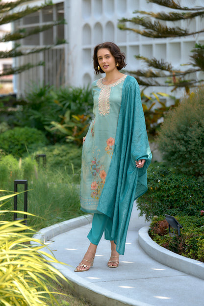 Sea Green Tissue Floral Embroidered Kurta Set with Viscose Dupatta & Pant