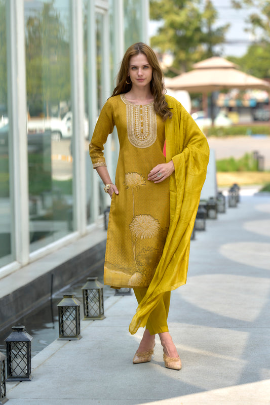 Mustard Yellow Tissue Kurta Set with Embroidered Viscose Dupatta