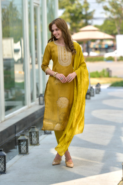 Mustard Yellow Tissue Kurta Set with Embroidered Viscose Dupatta