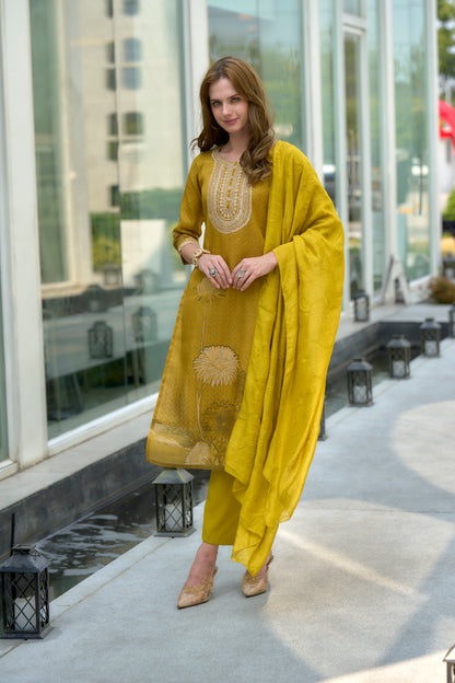 Mustard Yellow Tissue Kurta Set with Embroidered Viscose Dupatta