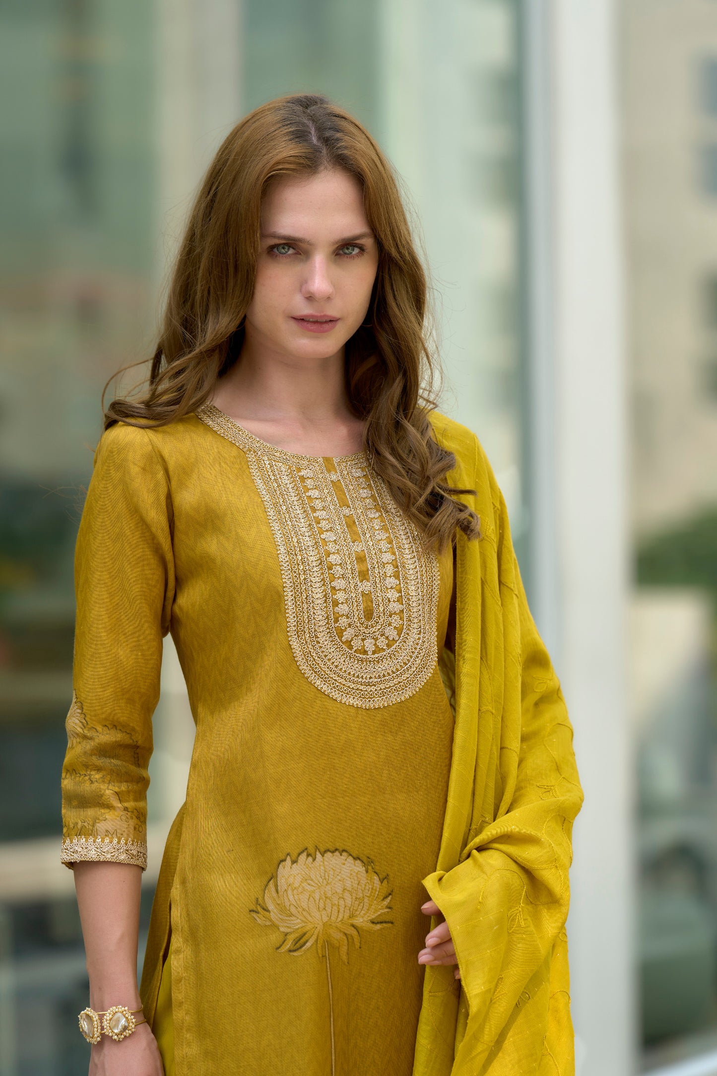 Mustard Yellow Tissue Kurta Set with Embroidered Viscose Dupatta