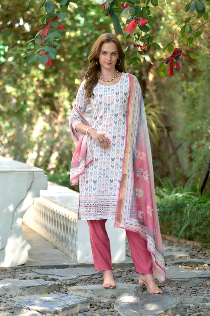 White Cotton Printed Kurta Set with Embroidered Neckline & Linen Dupatta