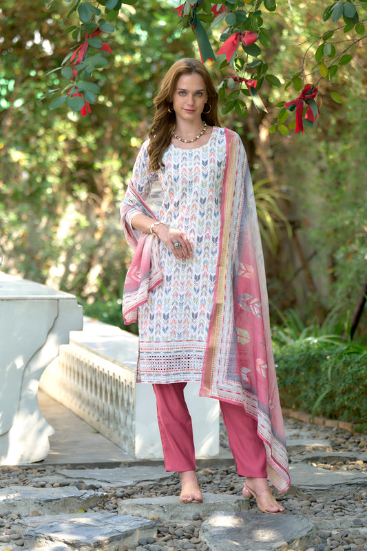White Cotton Printed Kurta Set with Embroidered Neckline & Linen Dupatta