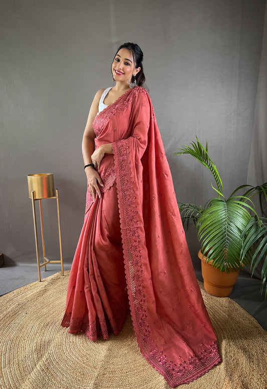 Spanish Maroon Embroidered Matka Silk Saree