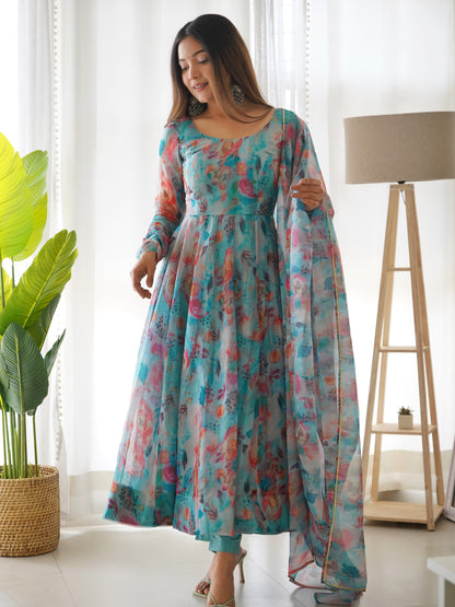Multicolor Digital Print Organza Silk Kurta Set By Stylish Ethnic