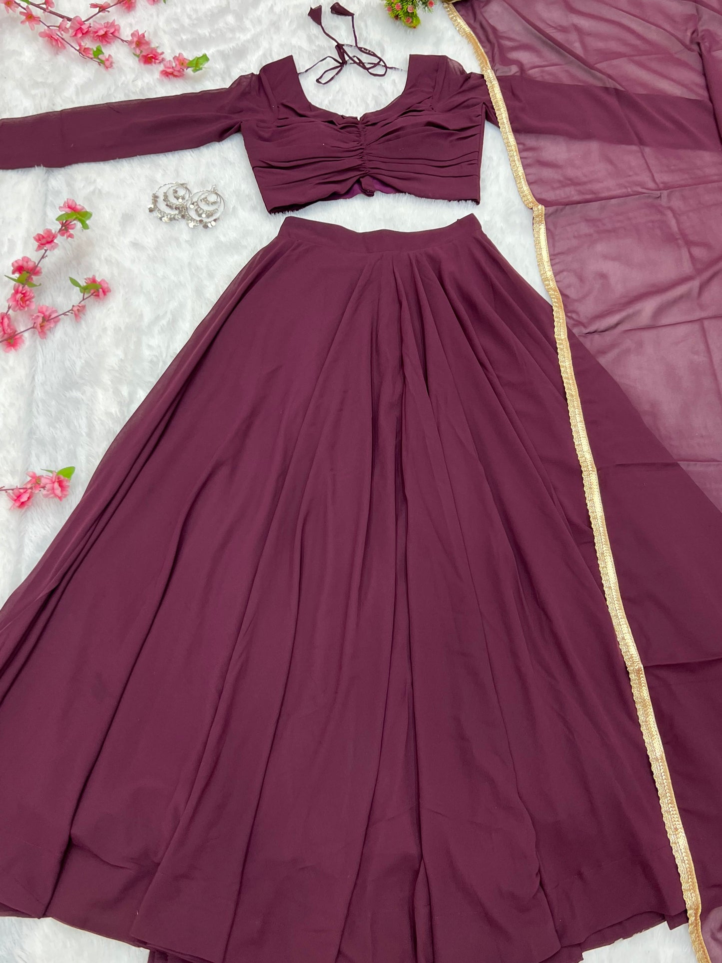 Plain Wine Colour Fox Georgette Circular Stitched Lehenga Choli By Stylish Ethnic